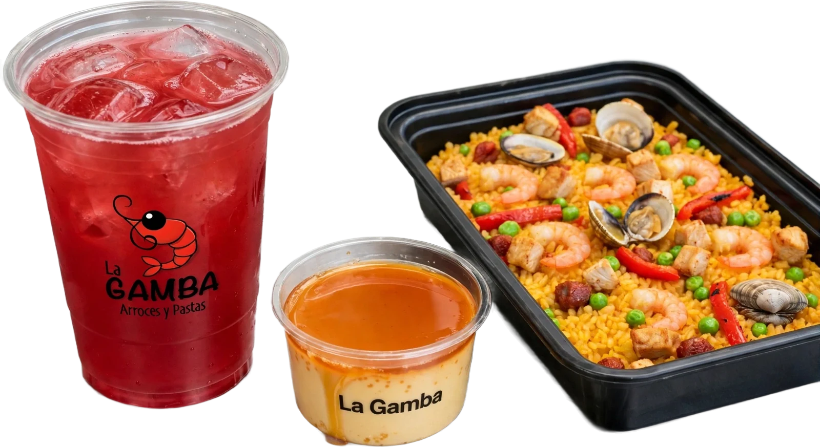 Lunch box de paella, bebida en vaso de La Gamba y flan