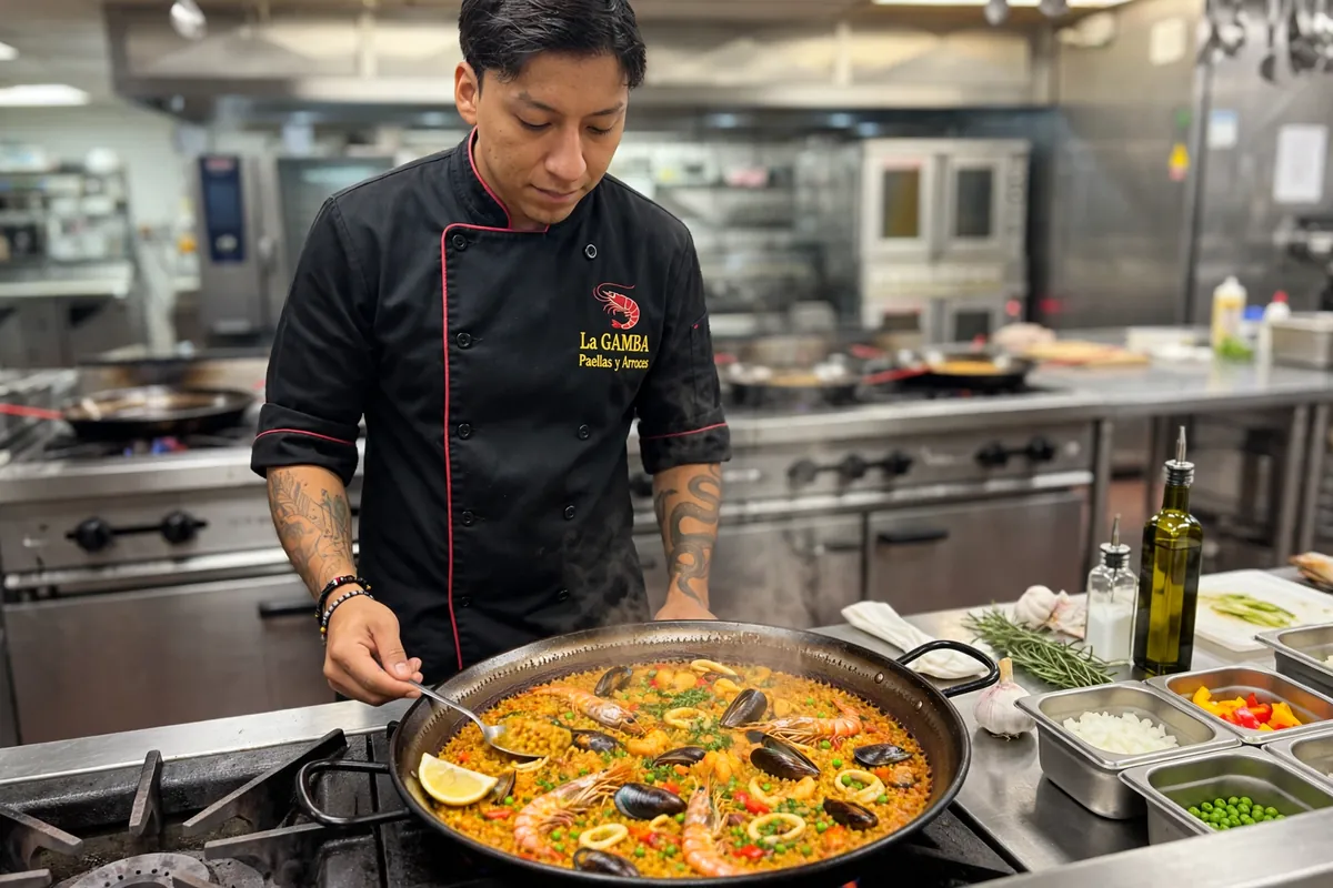 Cocinero de La Gamba sirviendo una paella de mariscos en una paellera grande