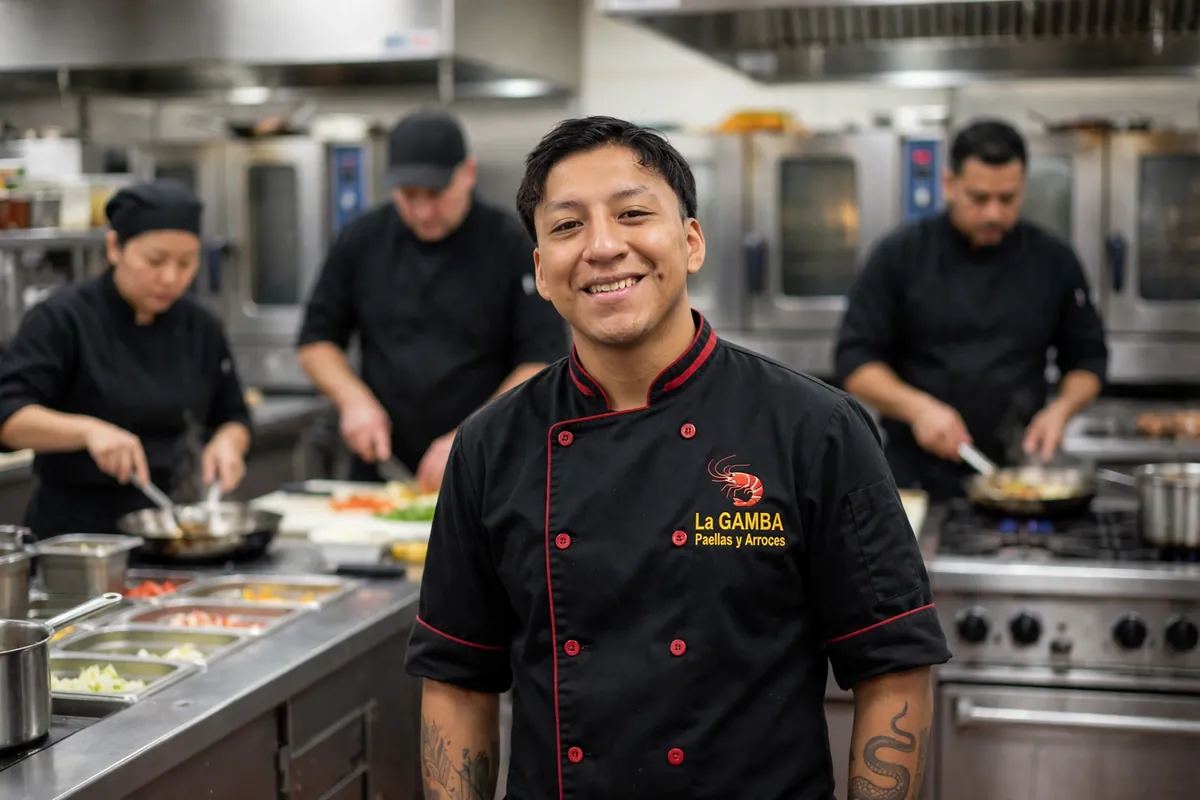 Cocinero de La Gamba sonriendo en la cocina industrial, con el equipo trabajando al fondo