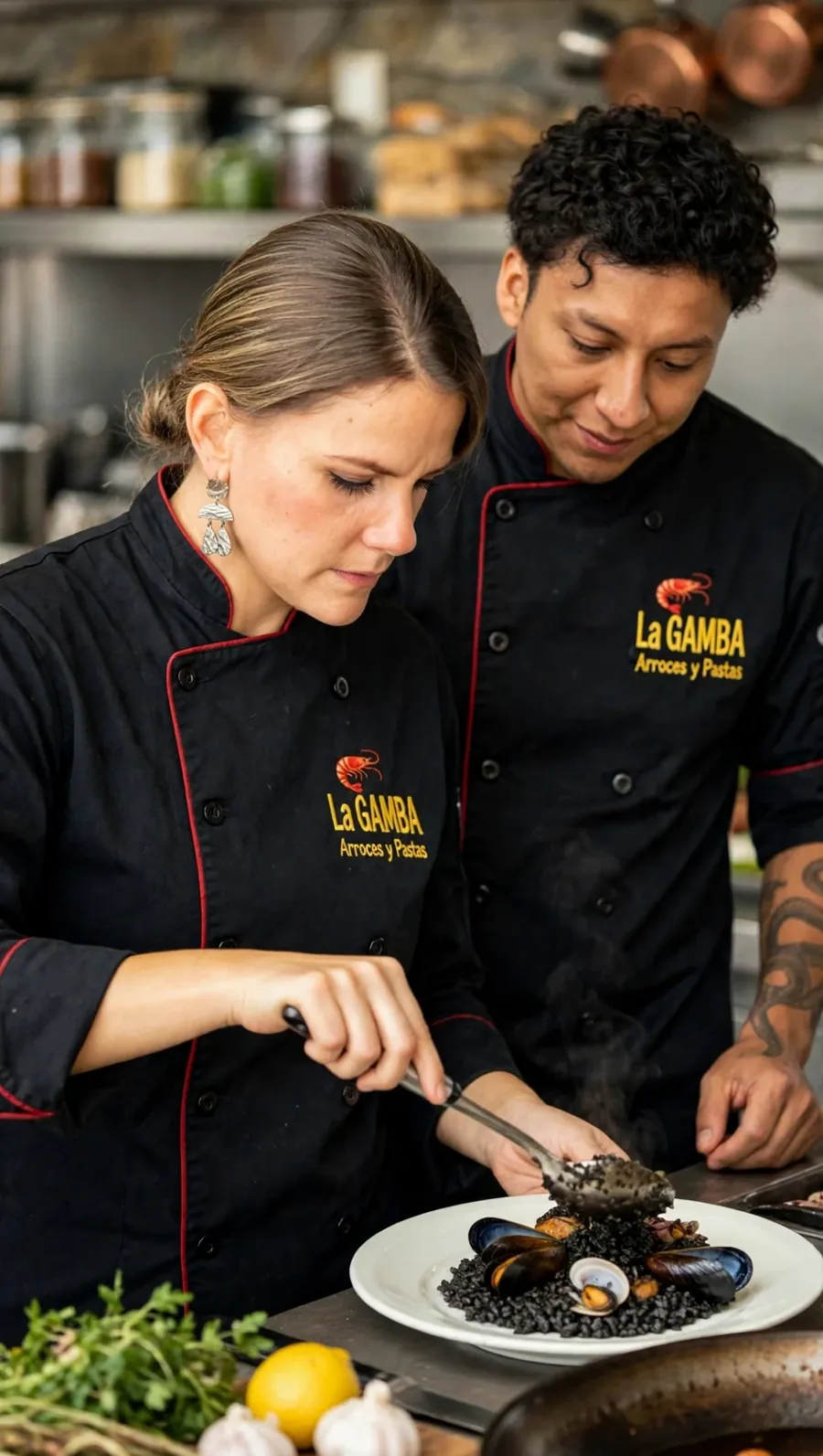 Dos cocineros de La Gamba con filipina negra sirviendo un arroz negro con mariscos