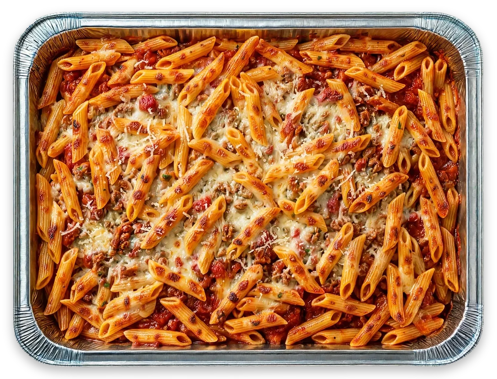 Pasta pluma a la boloñesa en bandeja de aluminio