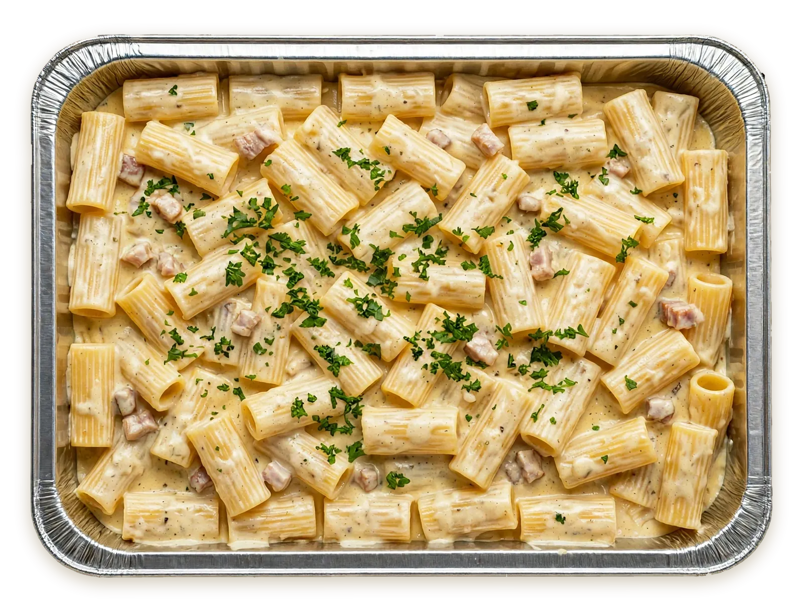 Pasta a la carbonara en bandeja de aluminio