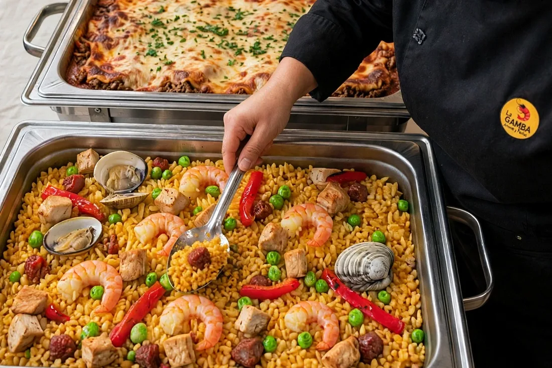 Buffet con meseras de La Gamba sirviendo paella, lasaña y pasta en chafing