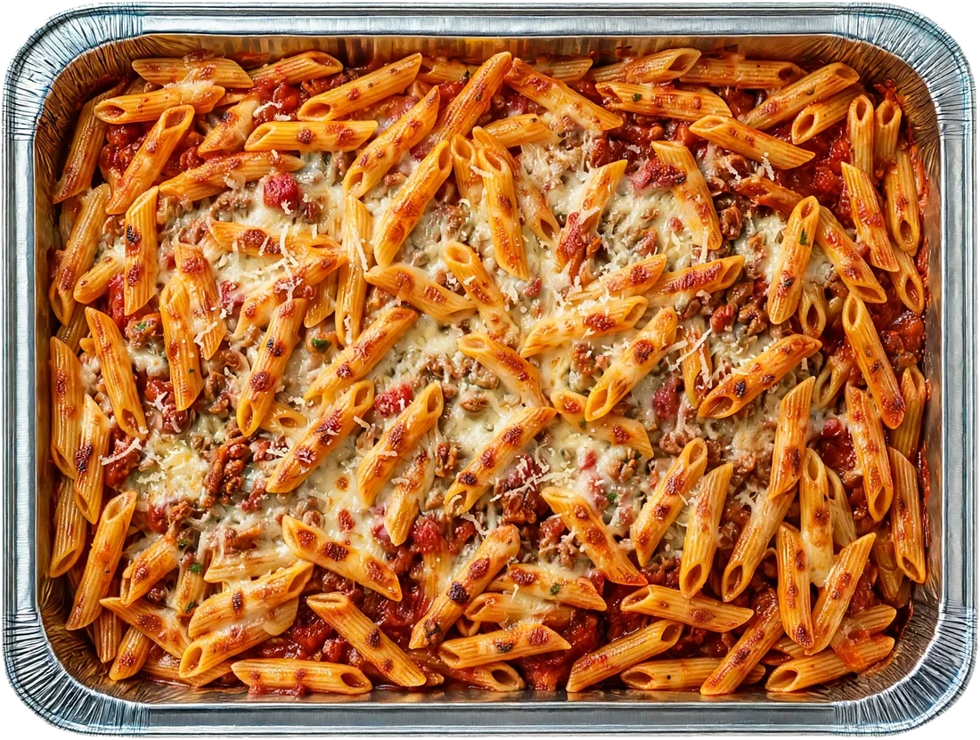 Pasta pluma con boloñesa en bandeja de aluminio